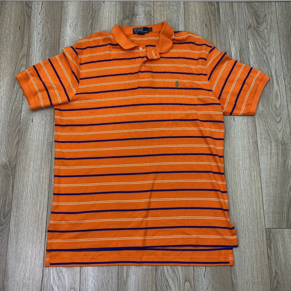 Polo Ralph Lauren Polo Shirt Adult XL Orange Blue Stripe Short Sleeve